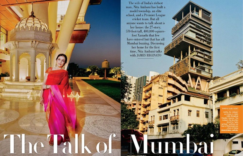 Nita Ambani enVanity Fair, donde mostró  la casa familiar: un edificio de 27 pisos.