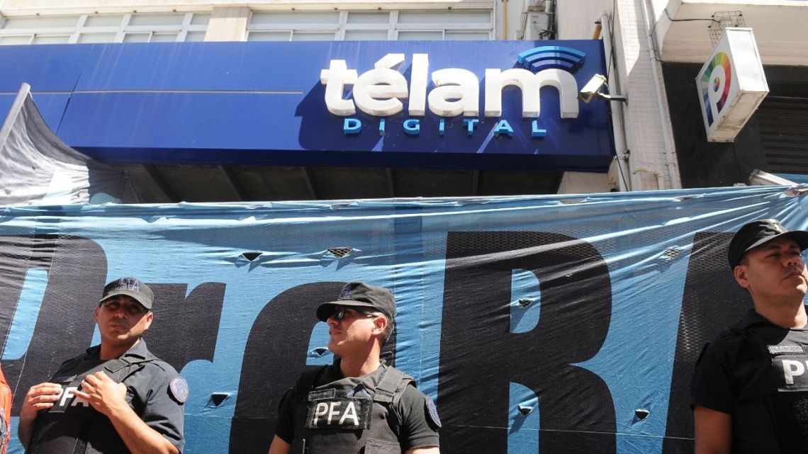Workers demonstrated outside the offices of the Télam state news agency in Buenos Aires on Monday after President Javier Milei's government suspended the agency's activities overnight and told workers they were excused for work for the next seven days.