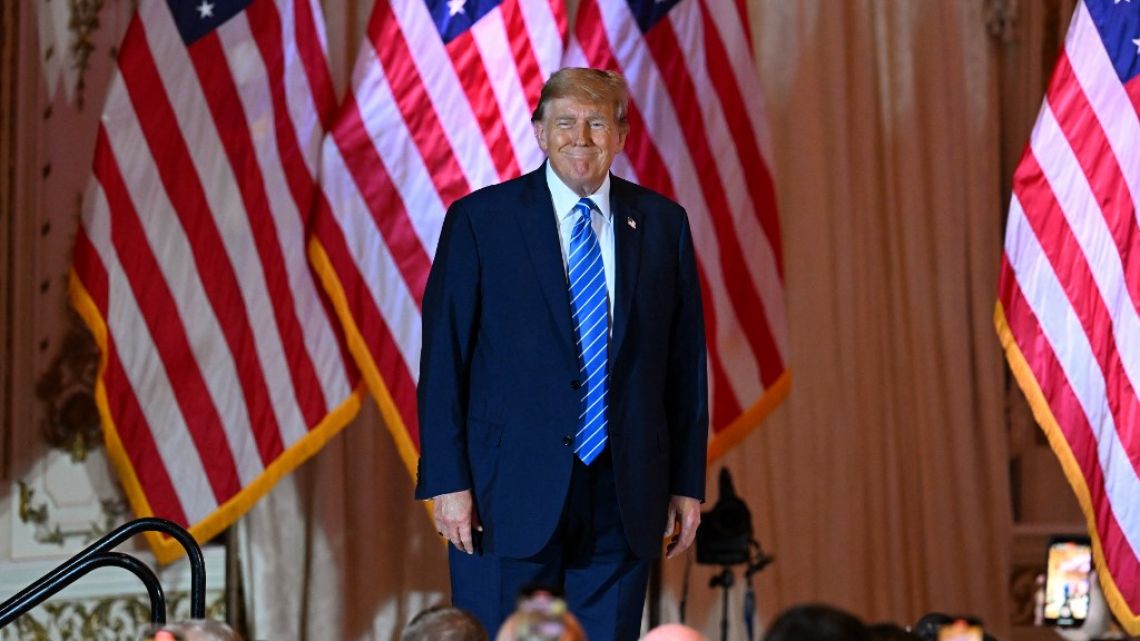 Former US President and 2024 presidential hopeful Donald Trump arrives to speak during a Super Tuesday election night watch party at Mar-a-Lago Club in Palm Beach, Florida, on March 5, 2024.