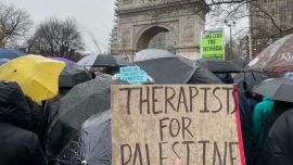 People protest in NYC for ceasefire in Palestine.