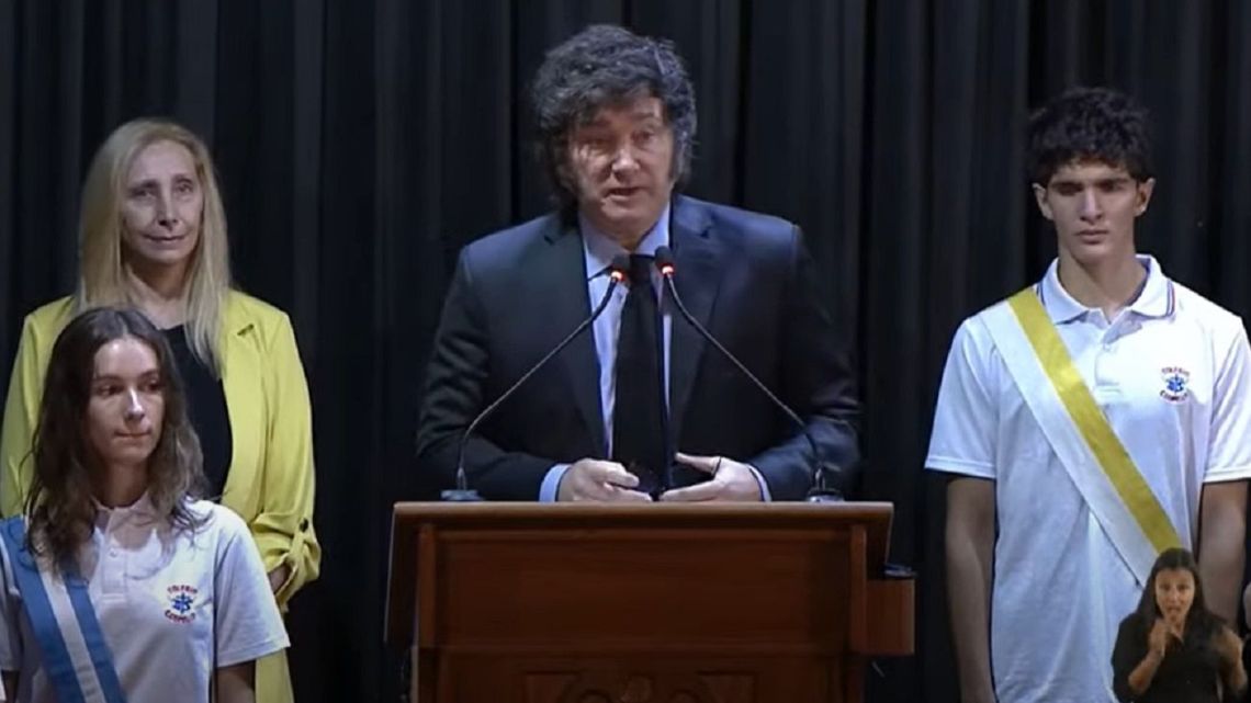 President Javier Milei and his sister Karina Milei address students at the Cardenal Copello School in Villa Devoto.