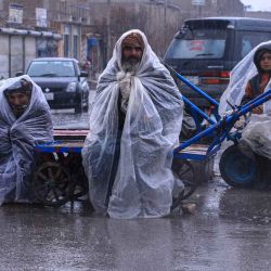 Los trabajadores afganos se cubren con láminas de plástico durante la lluvia mientras se sientan en sus carros de mano a lo largo de una carretera en Herat. Foto de Mohsen KARIMI / AFP | Foto:AFP