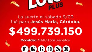 Una persona de Jesús María, Córdoba se consagró ganadora del Loto Plus. 