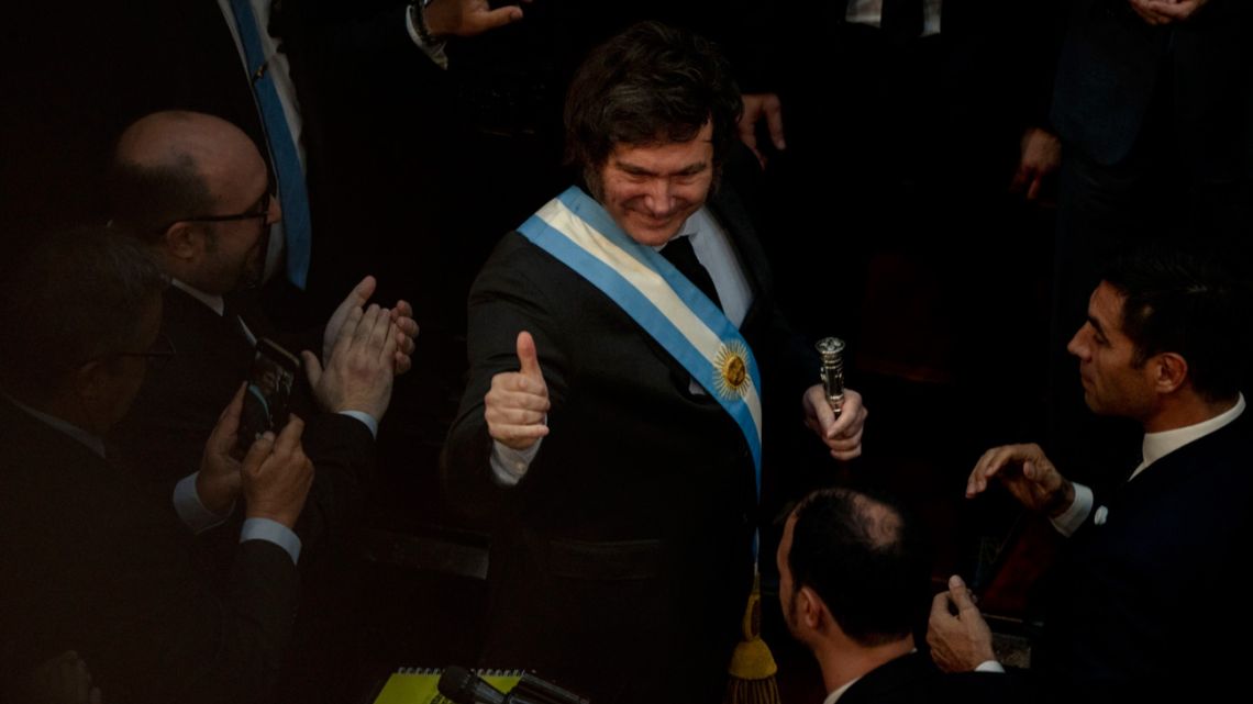 President Javier Milei receives applause after his state-of-the-nation address opening normal sessions of Congress in March 2024.