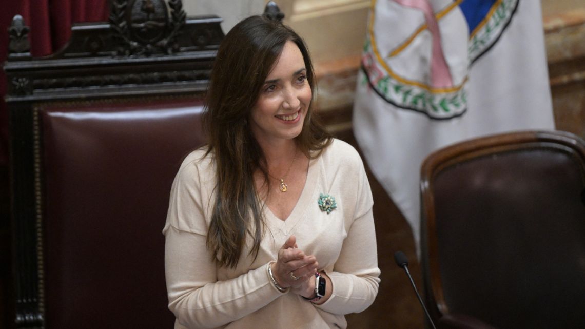 Vice-President Victoria Villarruel speaks while leading the Senate session addressing President Javier Milei's emergency decree at Congress in Buenos Aires on March 14, 2024. 