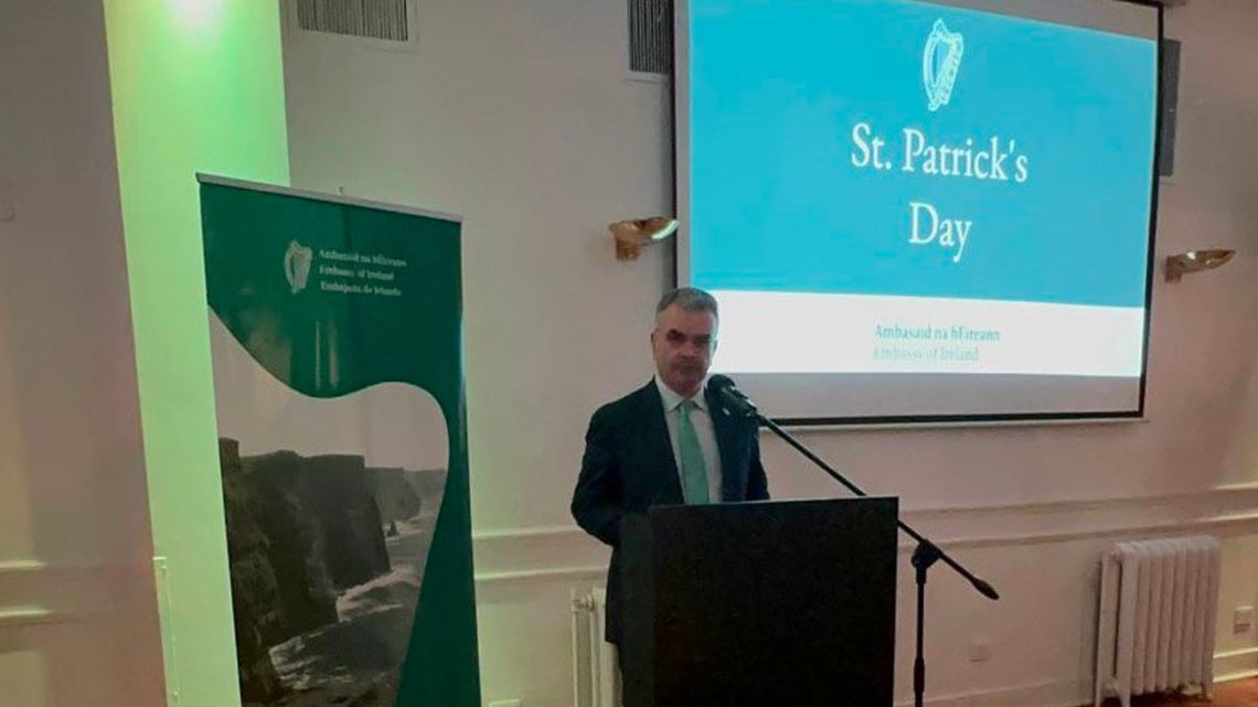 Dara Calleary, Ireland’s Minister for Trade Promotion, Digital and Company Regulation, appears at a St. Patrick's Day event in Buenos Aires.