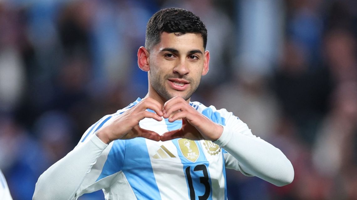 Argentina's defender #13 Cristian Romero celebrates after scoring a goal during the international friendly football match between El Salvador and Argentina at Lincoln Financial Field in Philadelphia, Pennsylvania, on March 22, 2024. 