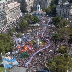 Human rights demonstrators flock to the Plaza de Mayo to commemorate the 48th anniversary of the coup that brought the 1976-1983 military dictatorship to power, in Buenos Aires on March 24, 2024. 