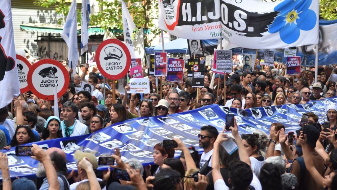 Demonstrators march in Buenos Aires on March 24, 2024, marking the 48th anniversary of the 1976 coup that brought the last military dictatorship to power in Argentina.
