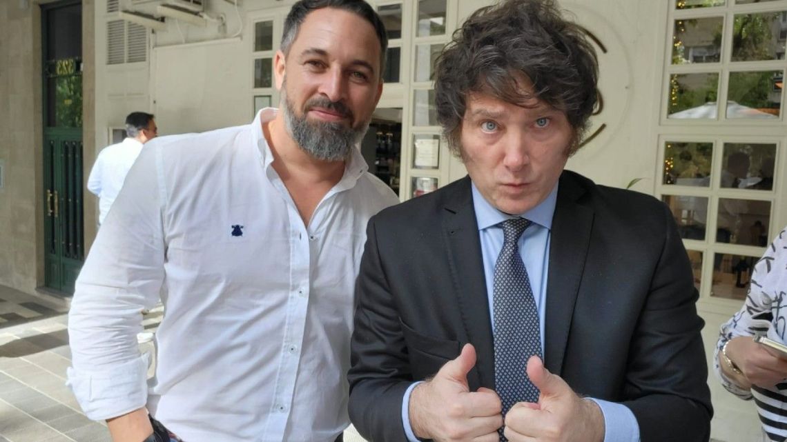 Javier Milei, pictured with the leader of the Spanish far-right party Vox, Santiago Abascal, in Madrid.