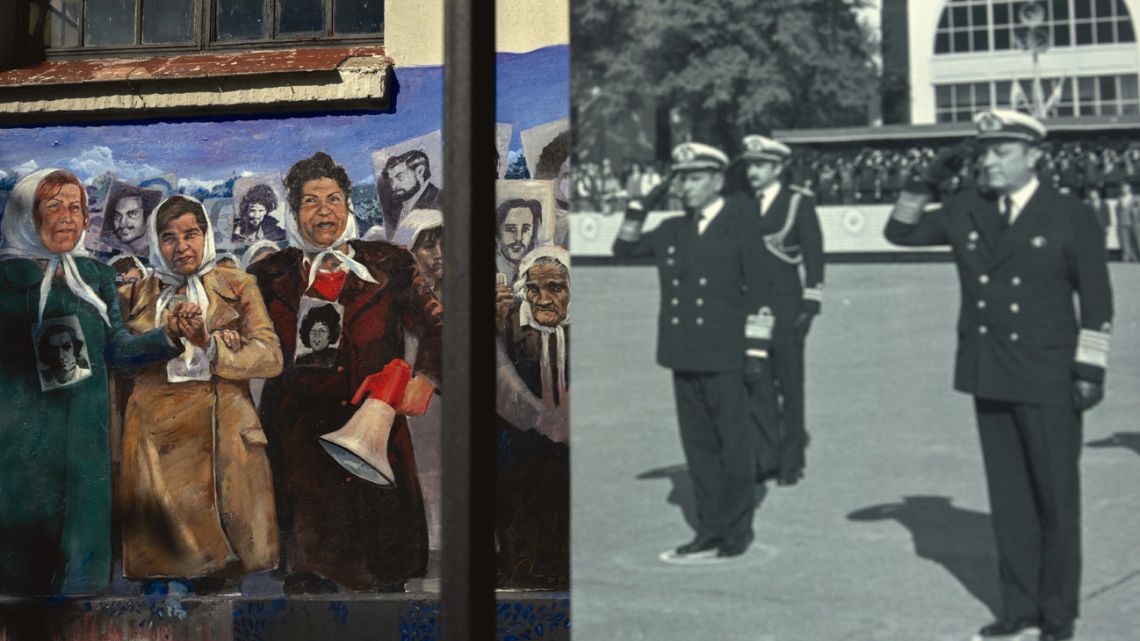 A mural alluding to the Madres and Abuelas de Plaza de Mayo is seen juxtaposed against a photograph of military officers at the ex-ESMA Navy Mecahnics School in Buenos Aires, which functioned as a clandestine detention centre during the 1976-1983 dictatorship.