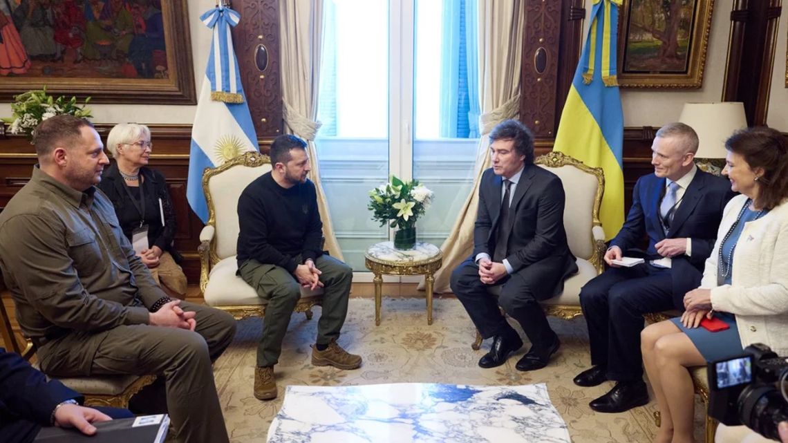 Ukrainian President Volodymyr Zelenskyy meets with Argentina's President Javier Milei prior to the latter's inauguration as head of state in December 2023.