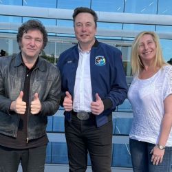 Argentina's President Javier Milei met with billionaire businessman Elon Musk at the Tesla CEO's factory in Austin, Texas, on Friday, April 12, 2024. Also pictured, presidential-chief-of-staff, Milei's sister Karina Milei.