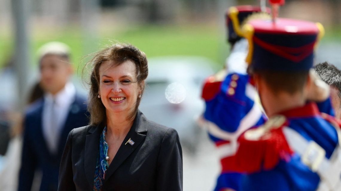 Argentina's Foreign Minister Diana Mondino arrives at the Itamaraty Palace to meet her Brazilian counterpart Mauro Vieira in Brasilia on April 15, 2024.