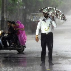 Un policía de tránsito se protege de la lluvia bajo un paraguas mientras dirige el tráfico en un cruce en Jalandhar, India. | Foto:Shammi Mehra / AFP