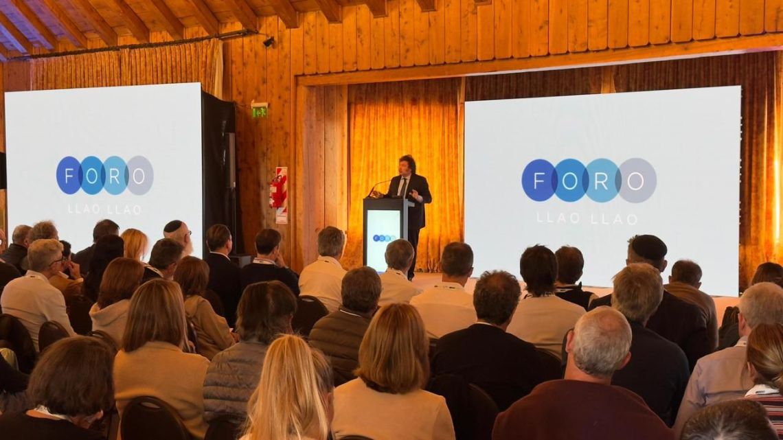 President Javier Milei address Argentina's top business leaders at the Llao Llao Forum in Bariloche, Patagonia.