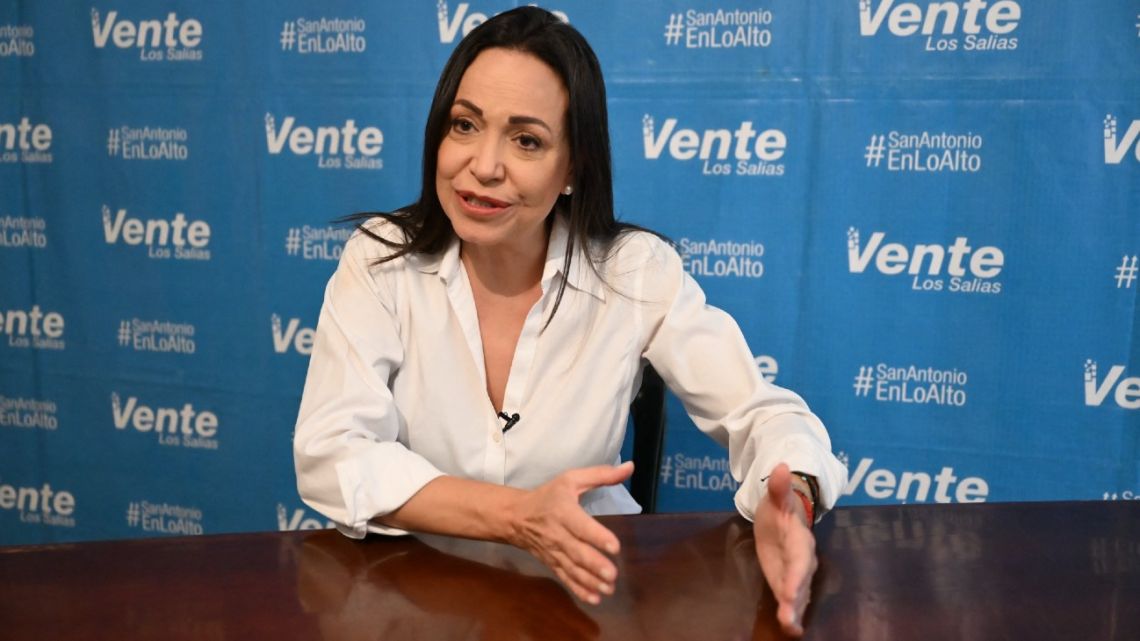 Venezuelan opposition leader María Corina Machado speaks during an interview with AFP in San Antonio de los Altos, Miranda state, Venezuela on April 17, 2024. 