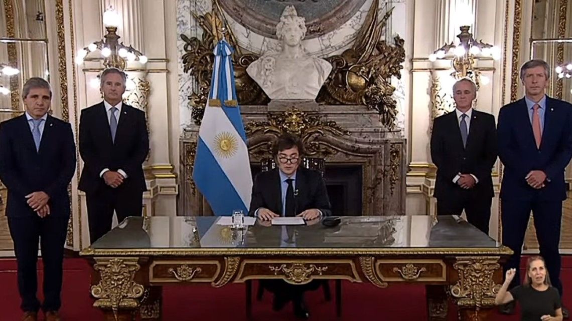 President Javier Milei delivers a 'Cadena Nacional' nationwide broadcast on April 22, 2024.