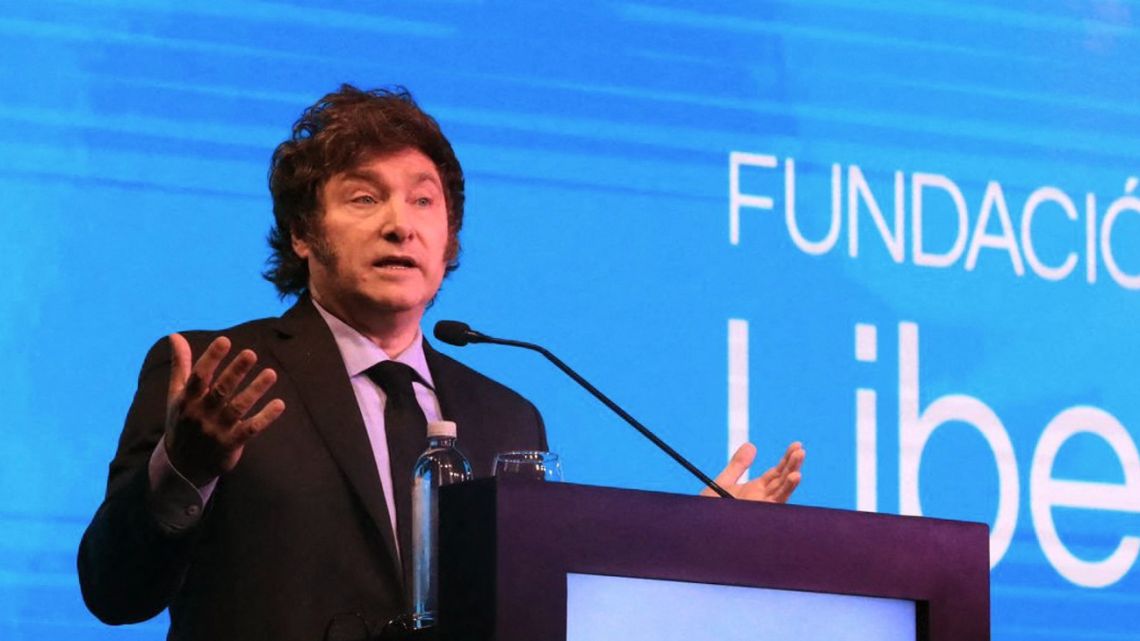Argentina's President Javier Milei gives a speech at the 'Cena de la Libertad,' organised by the Fundación Libertad in Buenos Aires on April 24, 2024. 