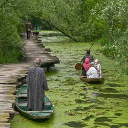Un barquero dirige un barco con residentes a lo largo de un canal en el interior del lago Dal después de que los niveles de agua aumentaran debido a las fuertes lluvias, en Srinagar, India. | Foto:TAUSEEF MUSTAFA / AFP