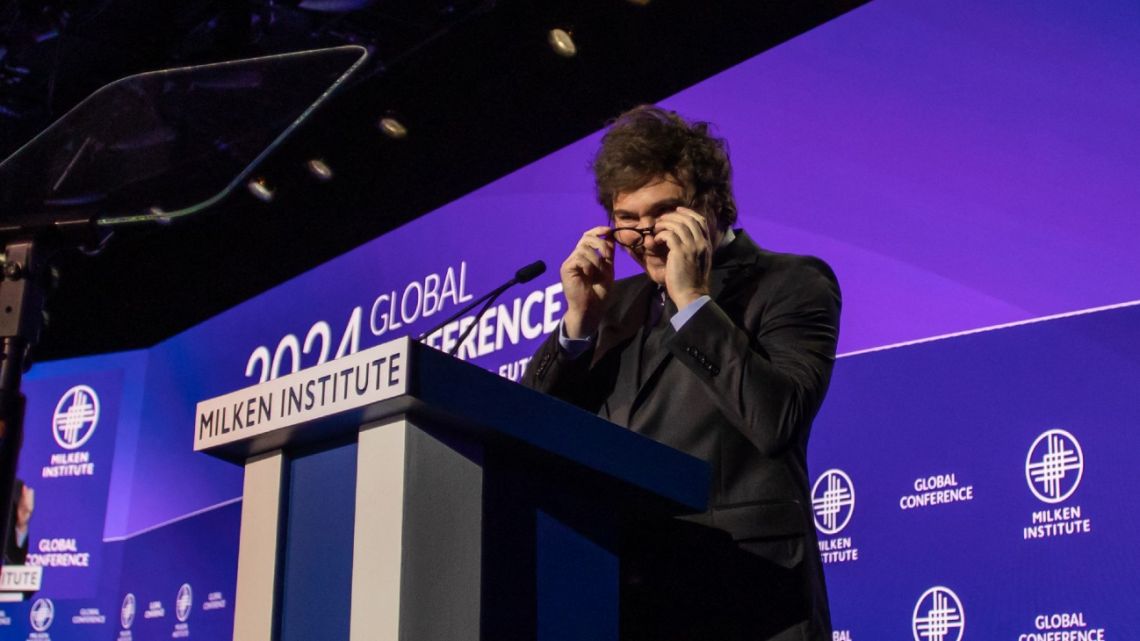 Argentina's President Javier Milei finishes his speech at the Milken Institute's Global Conference at the Beverly Hilton Hotel,on May 6, 2024 in Beverly Hills, California.