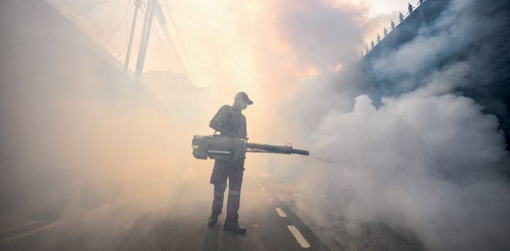 Un oficial de control de plagas fumiga una calle con insecticidas en Yakarta, Indonesia, en medio de esfuerzos para detener la propagación de los mosquitos del dengue.