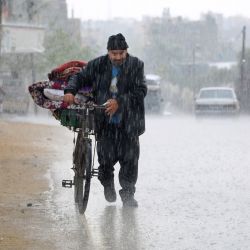 Un palestino desplazado empuja una bicicleta con sus pertenencias bajo la lluvia en Rafah, en el sur de la Franja de Gaza. | Foto:AFP