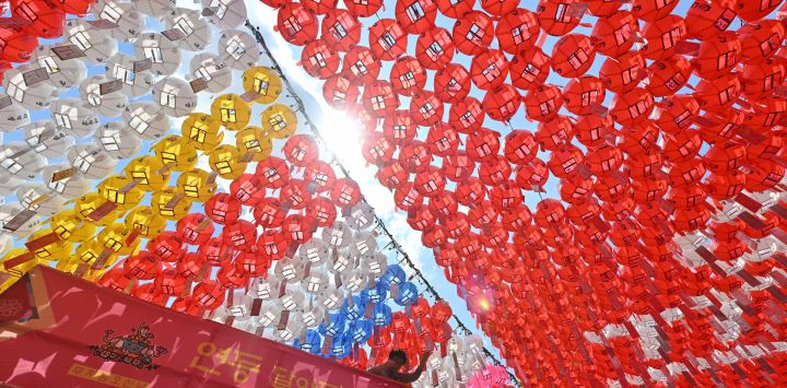 Un trabajador del templo coloca tarjetas con los deseos de los seguidores budistas en linternas de loto en el templo Jogyesa en Seúl, antes de las celebraciones que marcan el cumpleaños de Buda el 15 de mayo.