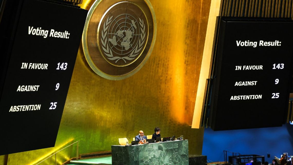 The results of a vote on a resolution for the UN Security Council to reconsider and support the full membership of Palestine into the United Nations is displayed during a special session of the UN General Assembly, at UN headquarters in New York City on May 10, 2024. 