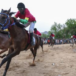 Jinetes (de Camerún, Chad, Níger y Nigeria) a lomos de sus caballos reaccionan durante la 12.ª edición del Gran Premio Internacional de Carreras de Caballos de Camerún en Maroua. | Foto:Daniel Beloumou Olomo / AFP