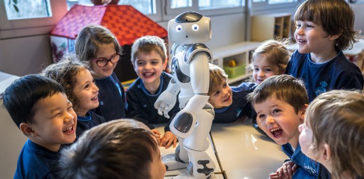Los niños en edad preescolar interactúan con el robot educativo e interactivo Nao en la guardería "La Nanosphere" en el campus universitario del Instituto Federal Suizo de Tecnología en Lausana, Suiza occidental.