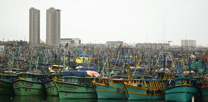 Se ven barcos pesqueros amarrados en el puerto pesquero de Kasimedu durante una prohibición de pesca de arrastre de 61 días en Chennai, India.
