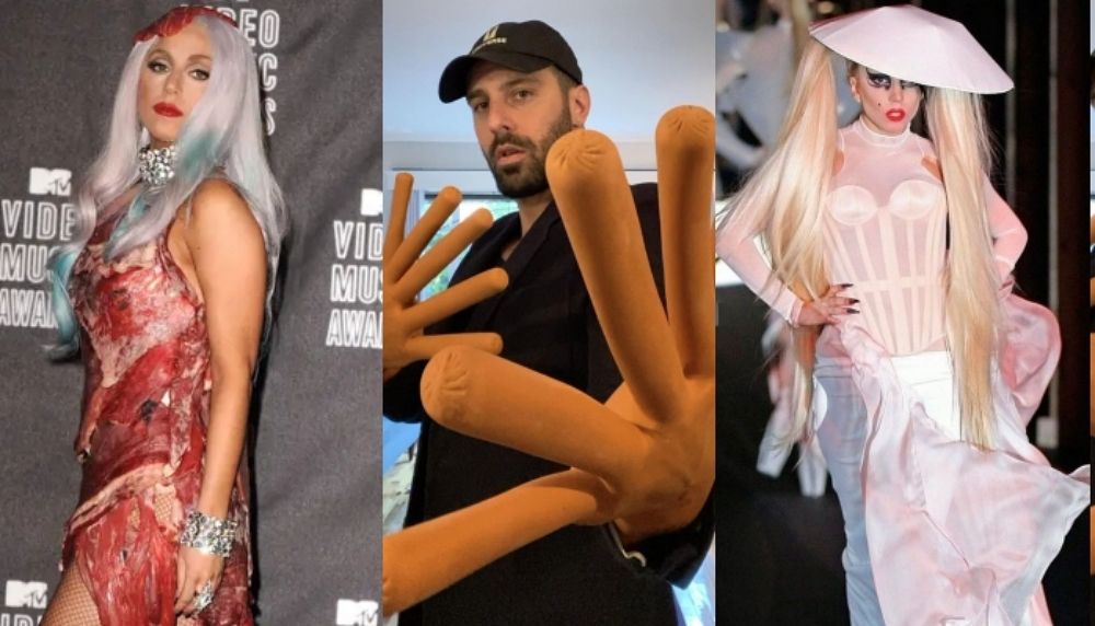Franc Fernández (ctro.) creó para Lady Gaga el 'meat dress' y un sombrero que usó para Th.Mugler.