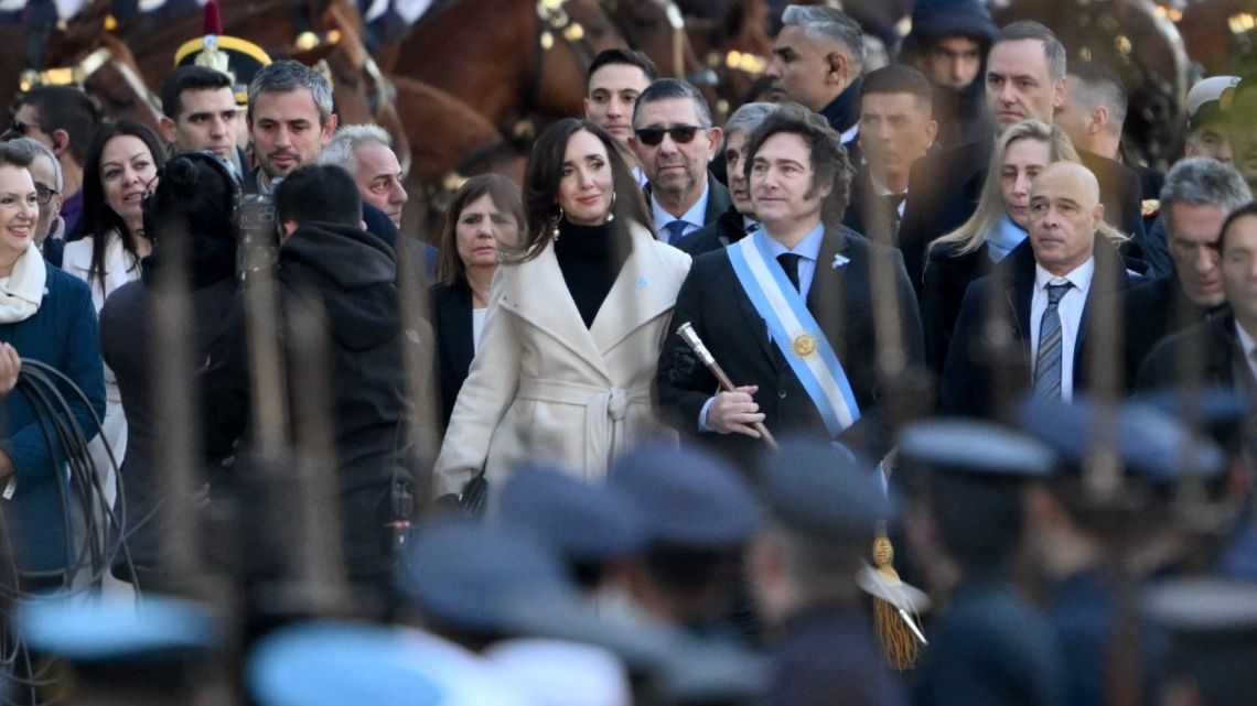 President Javier Milei, accompanied by Vice-President Victoria Villarruel and his Cabinet officials, arrives to the Metropolitan Cathedral in Buenos Aires on May 25, 2024, to attend a Te Deum in commemoration of the 214th anniversary of the May Revolution that led to the independence of Argentina from Spain.