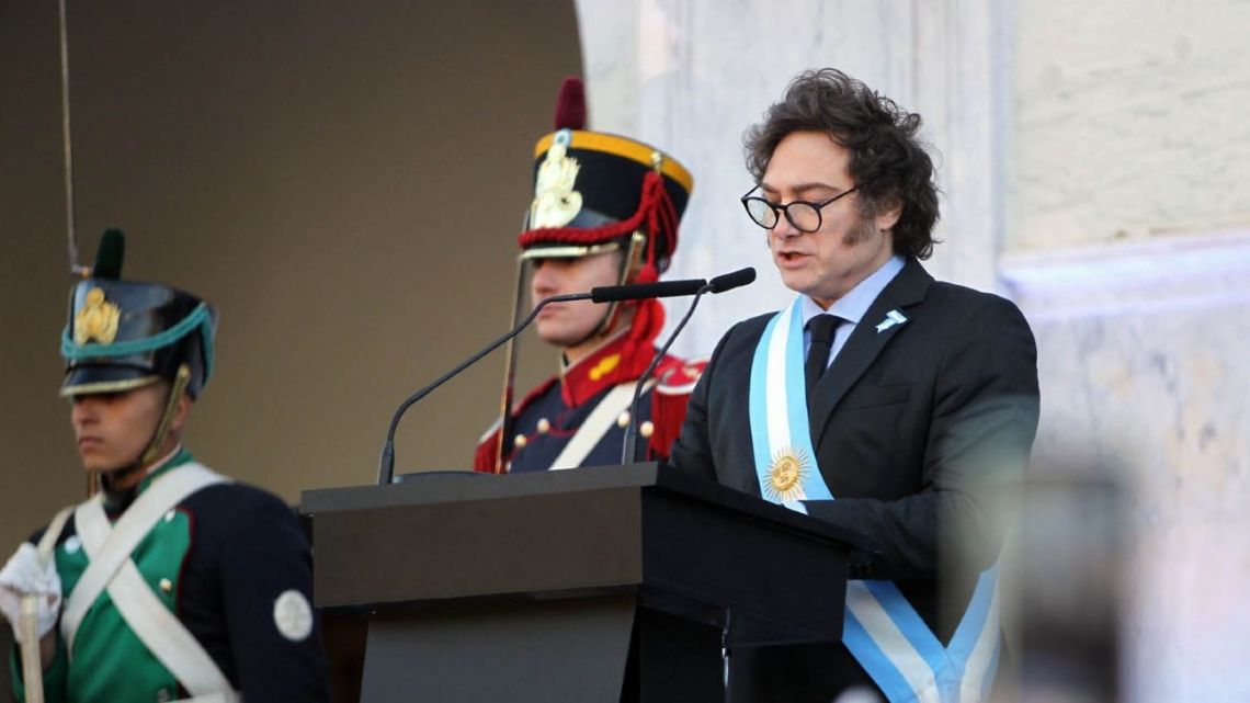 President Javier Milei delivers a speech in Córdoba on May 25, 2024.