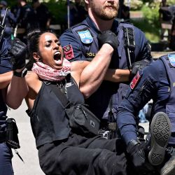 Los policías se llevan a una mujer del llamado "Protestcamp fuer Palaestina" (campamento de protesta por Palestina) creado por estudiantes y simpatizantes que protestaban contra la guerra en Gaza, Viena. Foto Joe Klamar / AFP | Foto:AFP