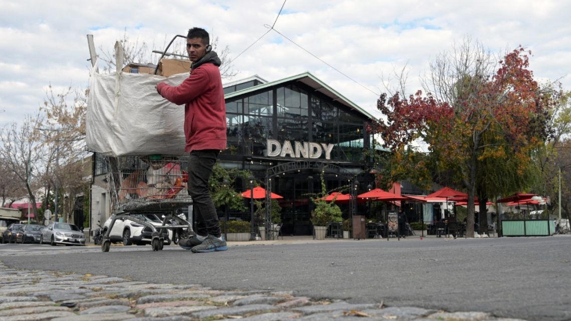 A cardboard collector pulls his cart in Buenos Aires, on June 4, 2024