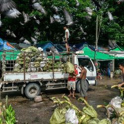 Los trabajadores cargan racimos de plátanos en un camión en un mercado mayorista de frutas en Yangon, Myanmar. | Foto:Sai Aung Main / AFP