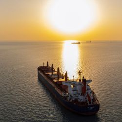 Esta vista aérea muestra un buque de carga esperando en el canal Khawr Abd Allah que conduce al puerto de Al-Faw en el sur de Irak. | Foto:Hussein Faleh / AFP