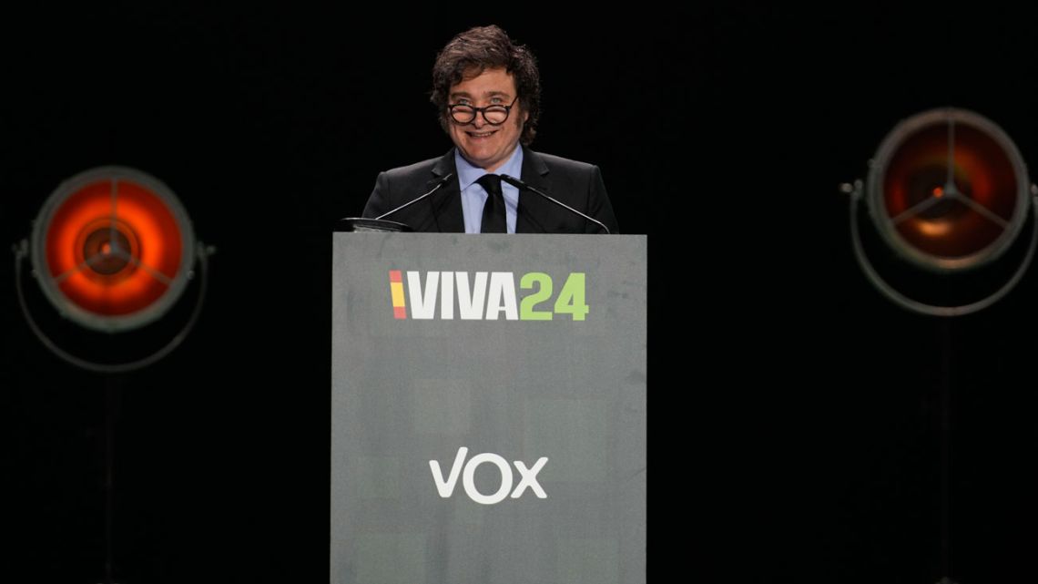 Javier Milei speaks at an event organised by the far-right Vox Party in Madrid on May 19, 2024