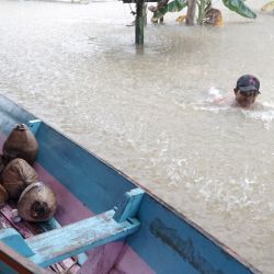 Un hombre nada en un área residencial inundada después de las fuertes lluvias y el posterior desbordamiento del río Kusan, en la regencia de Tanah Bumbu, en Kalimantan del Sur, Indonesia. | Foto:Xinhua/Bahaudin
