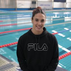 Argentine swimmer Macarena Ceballos poses during an interview in Buenos Aires on June 4, 2024, ahead of the Paris 2024 Olympic Games. 