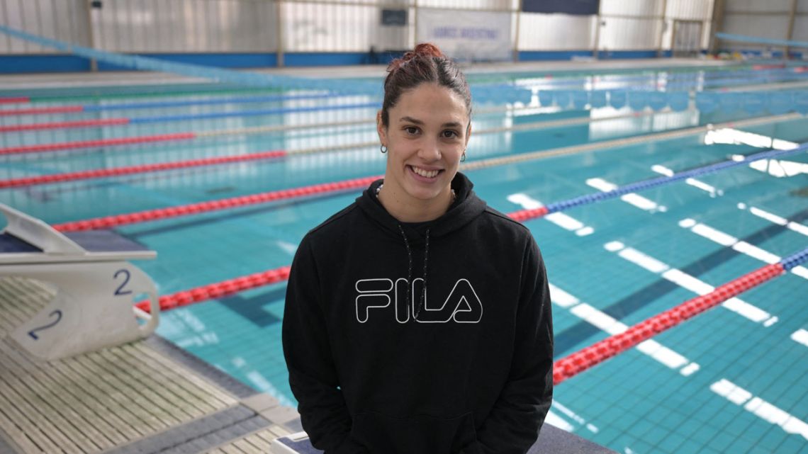 Argentine swimmer Macarena Ceballos poses during an interview in Buenos Aires on June 4, 2024, ahead of the Paris 2024 Olympic Games. 