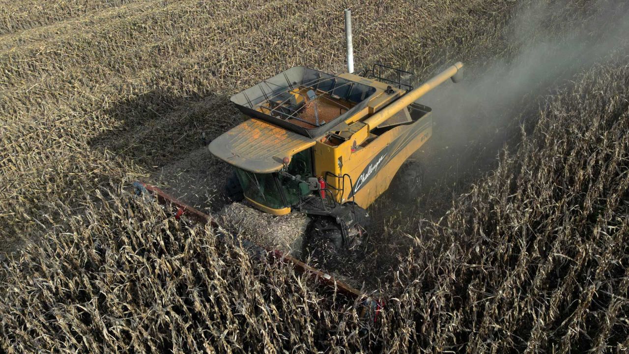 Vista aérea de un agricultor cosechando campos de maíz en Lobos, provincia de Buenos Aires, Argentina. | Foto:JUAN MABROMATA / AFP