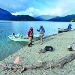 En los sectores de veriles con juncos del lago Futalaufquen dimos con arcoíris muy vitales como la que sostiene Jerónimo en la foto.