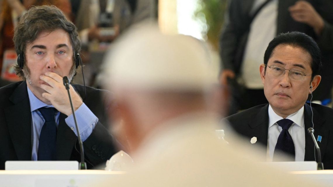 Pope Francis, Argentina's President Javier Milei, Japanese Prime Minister Fumio Kishida take part in a working session on Artificial Intelligence (AI), Energy, Africa-Mediterranean at the Borgo Egnazia resort during the G7 Summit in Savelletri near Bari, Italy, on June 14, 2024. 