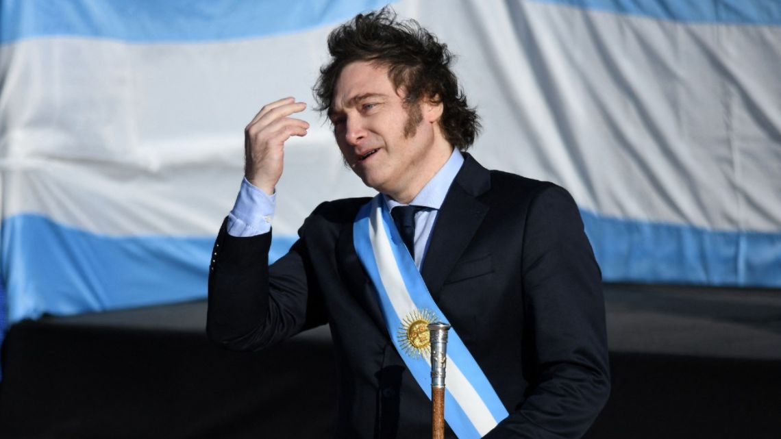 Argentina's President Javier Milei gestures during the Flag Day commemoration at the National Flag Memorial in Rosario, Santa Fe, Argentina on June 20, 2024. 