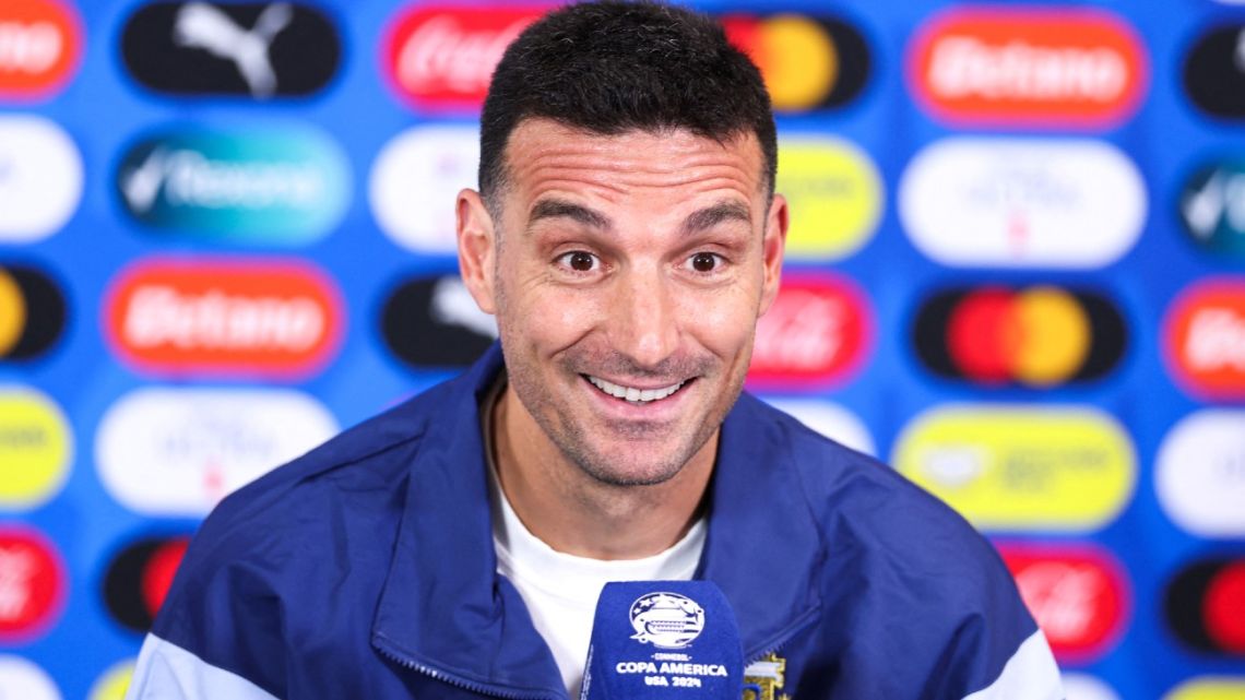 Argentina's head coach Lionel Scaloni speaks during a press conference one day before the Conmebol 2024 Copa America tournament group A football match between Argentina and Canada at Mercedes Benz Stadium in Atlanta, Georgia, on June 19, 2024.  