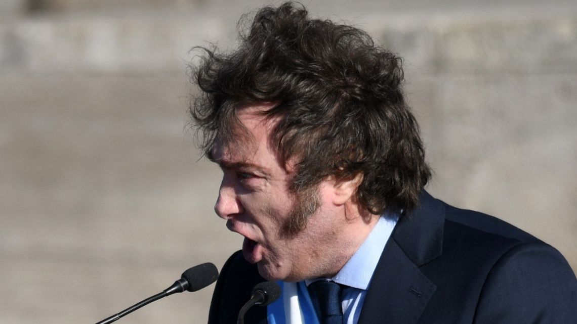 President Javier Milei gives a speech during the Flag Day commemoration at the National Flag Memorial in Rosario, Santa Fe, Argentina on June 20, 2024. 