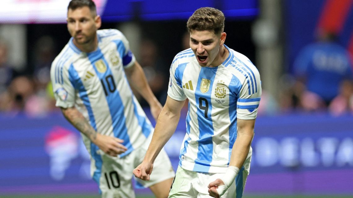 Argentina's forward #09 Julián Álvarez celebrates scoring his team's first goal during the CONMEBOL 2024 Copa America tournament group A football match between Argentina and Canada at Mercedes Benz Stadium in Atlanta, Georgia, on June 20, 2024. 